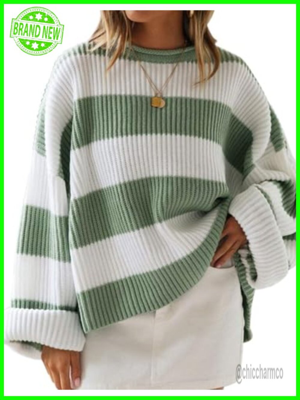 Oversized Striped Knit Sweater Flared Long Sleeve Pullover